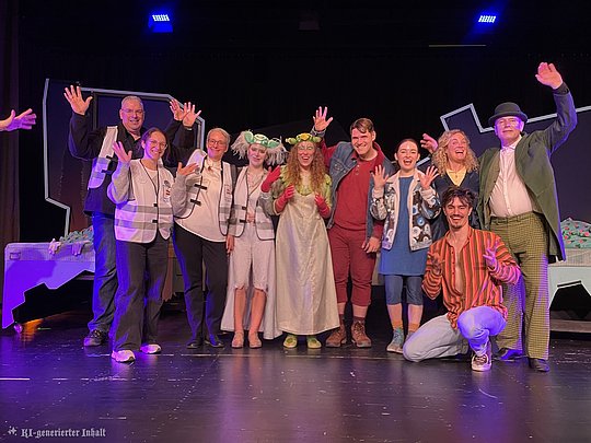 Personen auf der Bühne, die sich verabschieden, Darsteller, Helfer*innen, Geschäftsführung*in